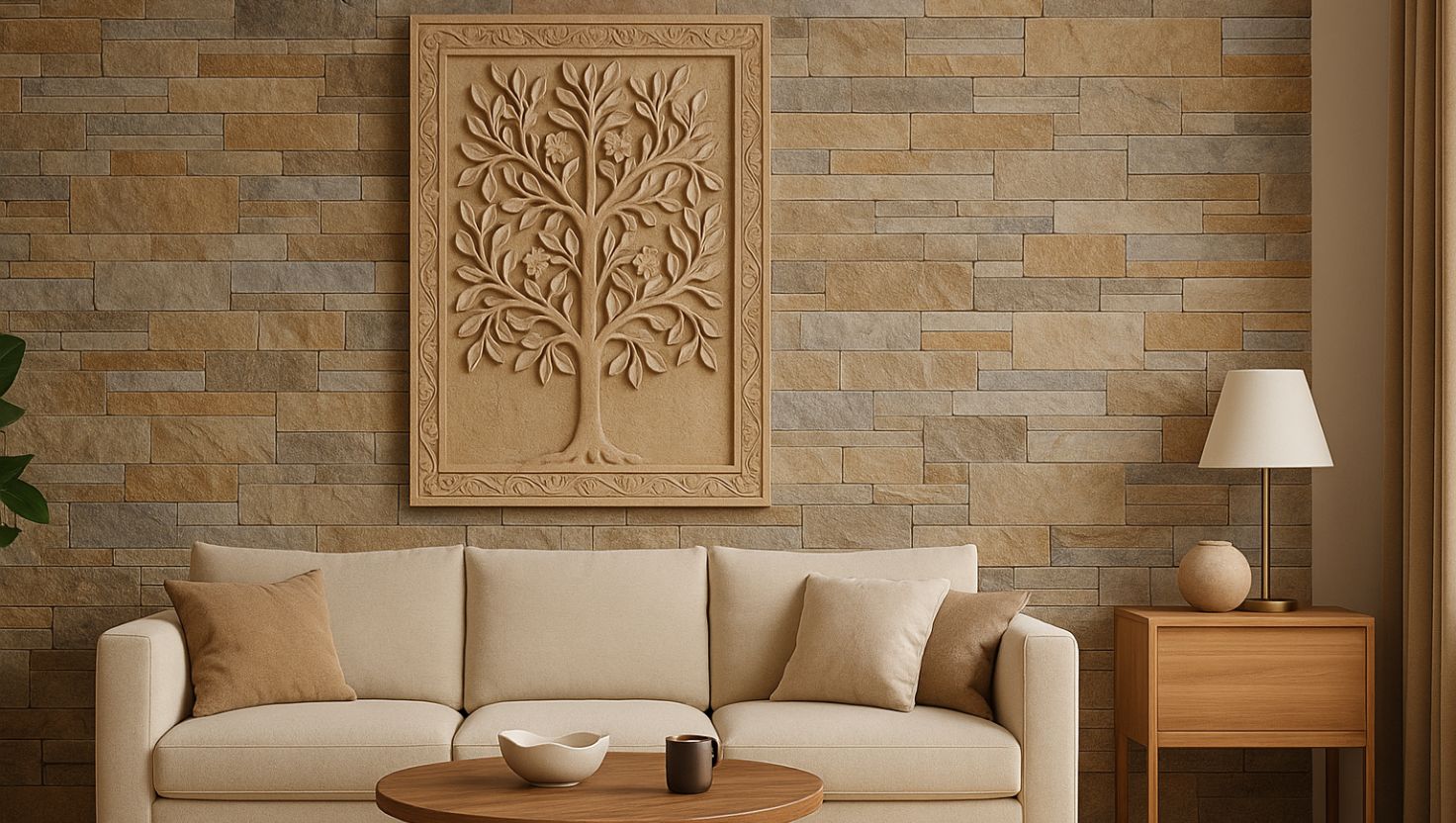 Modern living room with natural stone cladding accent wall